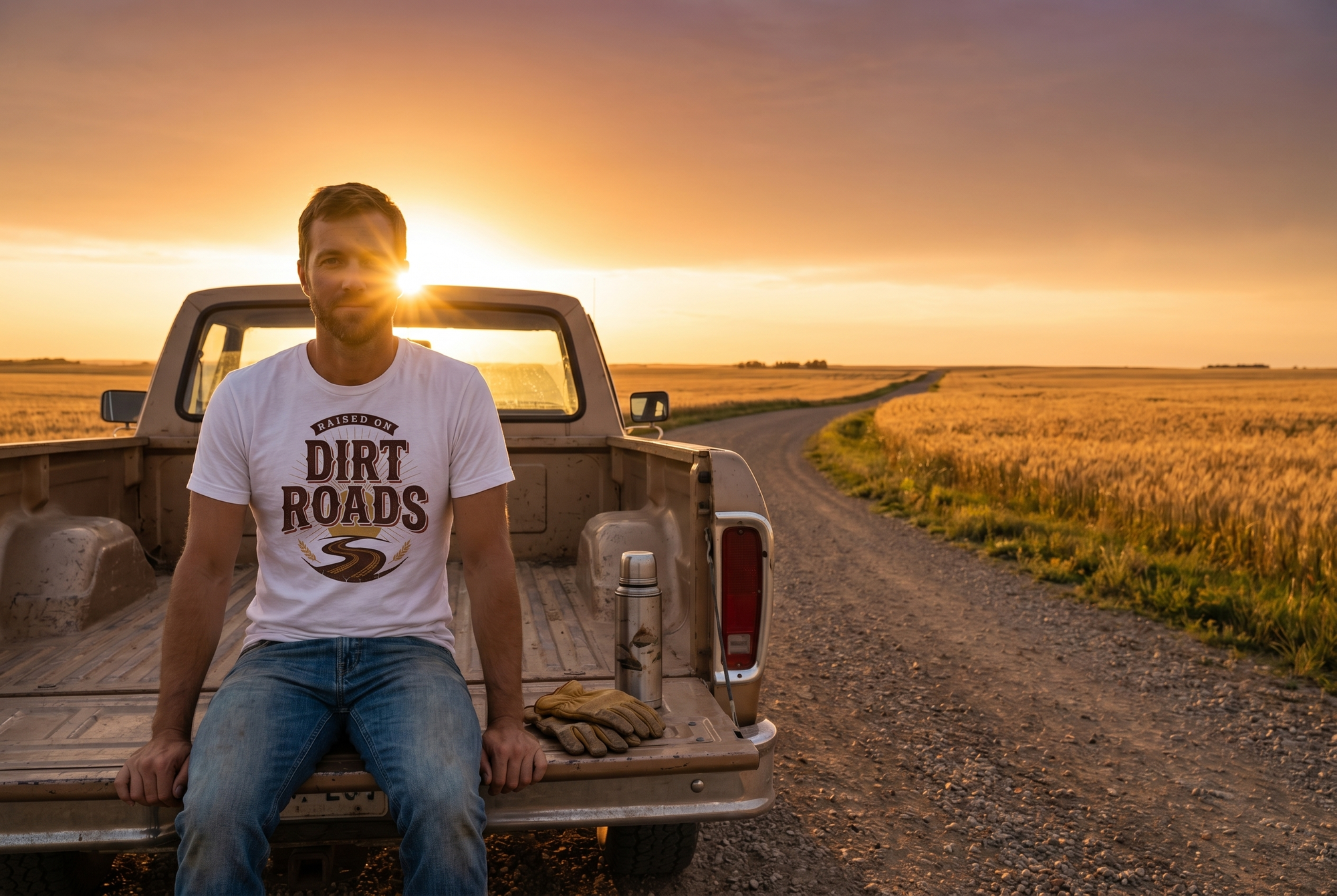 Farmer at his tailgate on a gravel road at golden hour wearing the Raised on Dirt Roads t-shirt